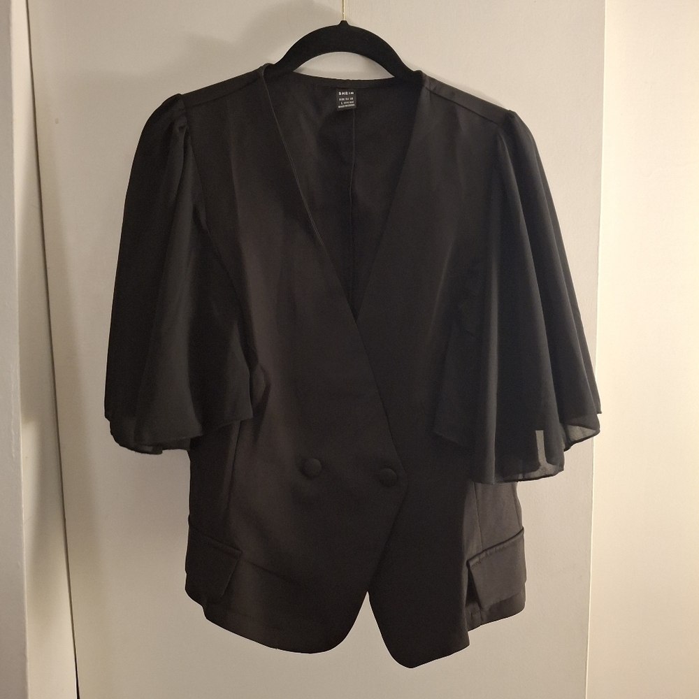 Shein Elegant Black Women's Jacket Type Top With Flutter Sleeves